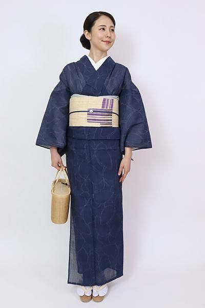 本場 小千谷縮 縦縞 麻のお着物