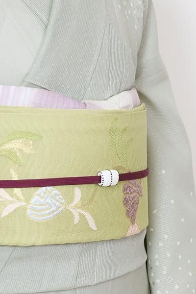 銀座【L-6225】西陣 河合美術織物製 紗 袋帯 青朽葉色 蟹の図