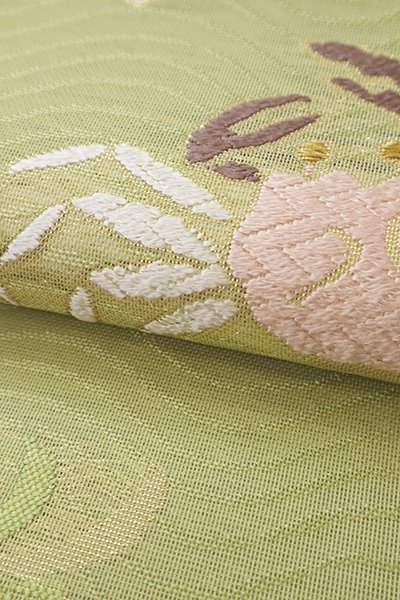 銀座【L-6225】西陣 河合美術織物製 紗 袋帯 青朽葉色 蟹の図（落款入 