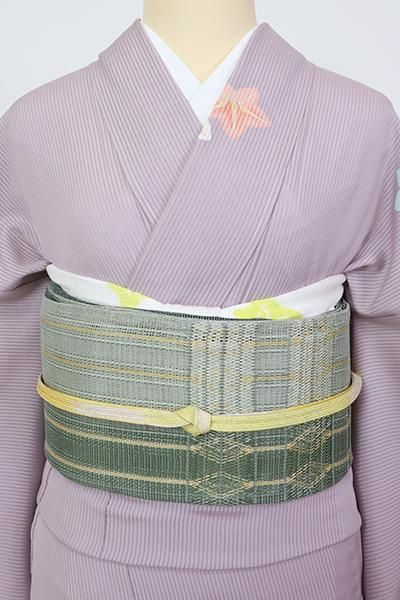 未着用　袋帯　藍染　花菱　縦縞　立涌　リーフ　ブルー　着物　115a d 銀座【L-6240】夏 組織り 袋帯 青白橡色 竪暈かしに幾何文