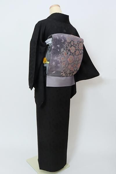 紗袷せ 花吹雪 花地紋 黒地 小紋 着物 083w p