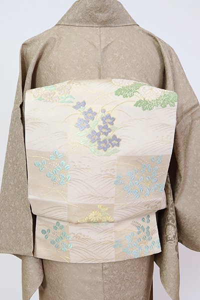 銀座西陣 川島織物製 絽 袋帯 練色 市松に秋草文落款入