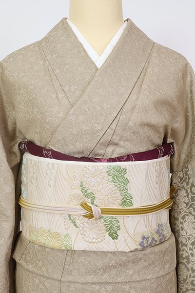 銀座【L-6267】西陣 川島織物製 絽 袋帯 練色 市松に秋草文（落款入 