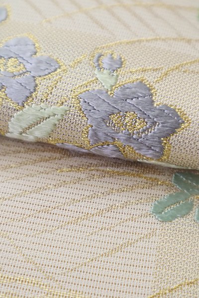 銀座【L-6267】西陣 川島織物製 絽 袋帯 練色 市松に秋草文（落款入