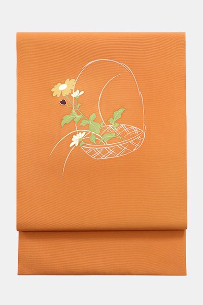 銀座【帯4421】塩瀬地染名古屋帯 土器色 花籠に野菊の図