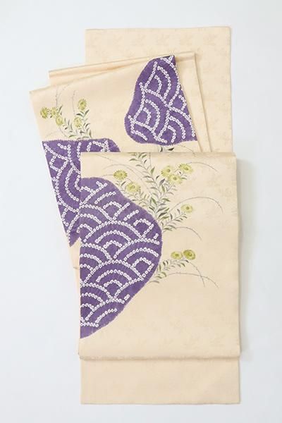 S1920】着物 袋帯 六通 薄黄×薄紫 草木深 刺繍 436㎝