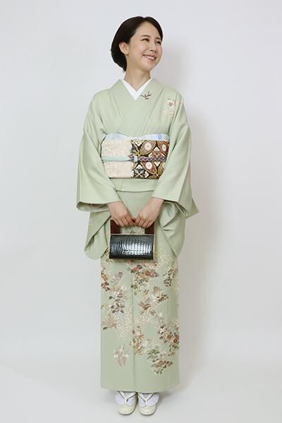 訪問着 刺繍 鴛鴦 椿 萩 松菱地紋 グリーン 着物 032a d