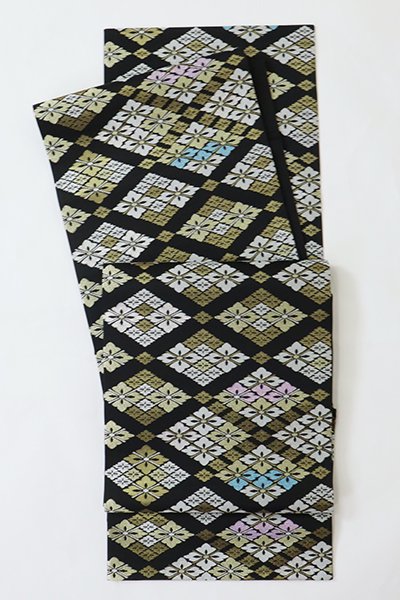 銀座【L-6288】西陣 龍村美術織物製 袋帯 黒色 繋菱文（証紙付・落款入 