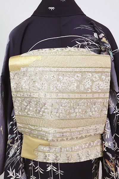 銀座【L-6312】総刺繍 袋帯 砥粉色 横段に疋田や花の図