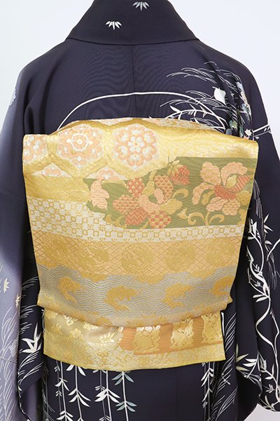銀座【L-6313】西陣 川島織物製 袋帯 金色 名物裂文（落款入）
