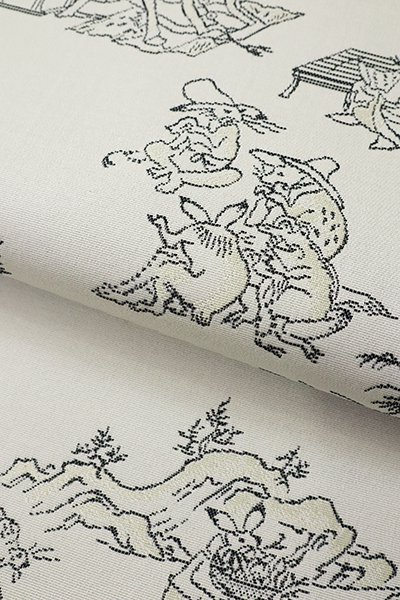 銀座【L-6315】西陣製 洒落袋帯 灰白色 鳥獣戯画図（証紙付 