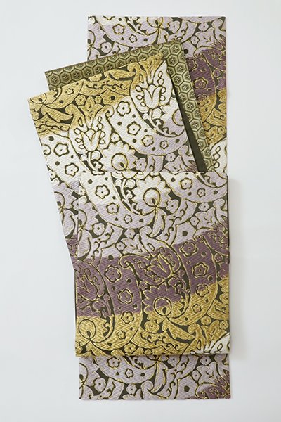 あおき【L-6353】西陣 河合美術織物製 袋帯 藍海松茶色 唐花文（落款入