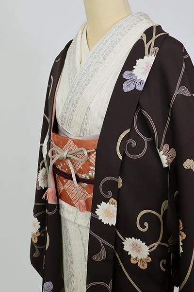 銀座【E-1665】（細め）羽織 黒鳶色 菊唐草文（羽織紐付） - 銀座