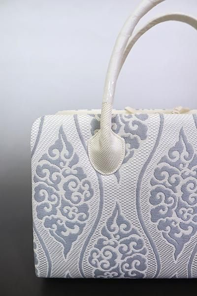 G-2136】京都衿秀 利休バッグ 生成り色×藍鼠色 立涌に雲文 - 銀座