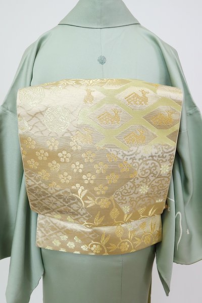 銀座【L-6401】西陣 川島織物製 本袋帯 金色 裂取りに名物裂文（落款入）