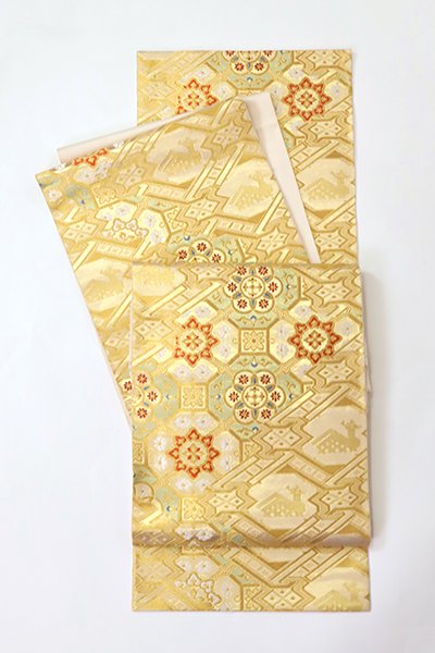 銀座【L-6416】西陣 川島織物製 本袋帯 金色 蜀江華文（落款入 