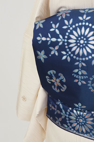 銀座【K-8543】西陣 川島織物製 織名古屋帯 深縹色 雪花文（落款入