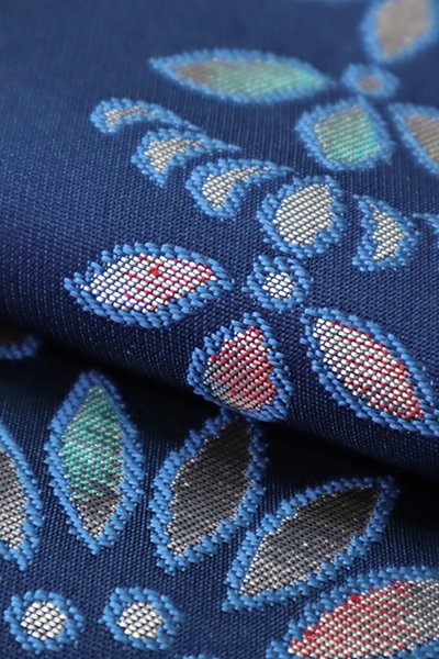 銀座【K-8543】西陣 川島織物製 織名古屋帯 深縹色 雪花文（落款入