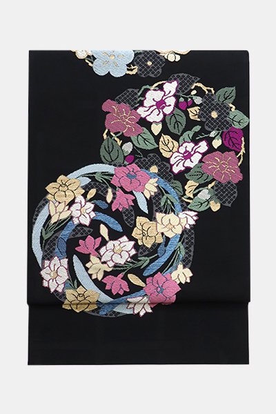 銀座【帯4556】西陣 帯屋捨松製 袋帯 黒色 花丸小袖紋