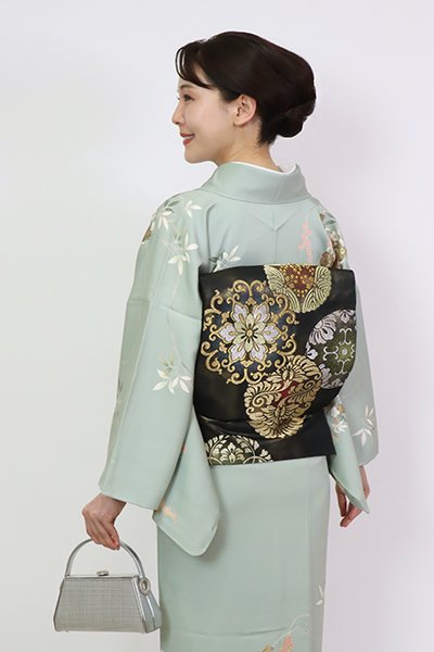 銀座【L-6450】西陣 川島織物製 袋帯 黒色 華文（落款入） - 銀座