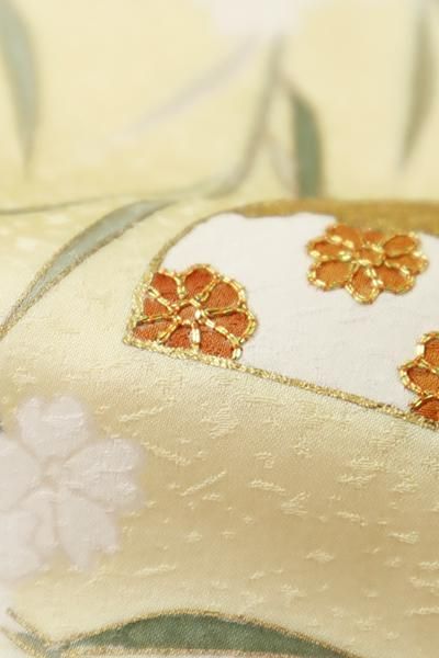 青色の着物 御所人形 ？ 扇子付き ひも切れ シミ・シワ 色落ち 裄長】訪問着 袷 しだれ桜に扇 観世水文織出し 絞り 金彩 刺繍