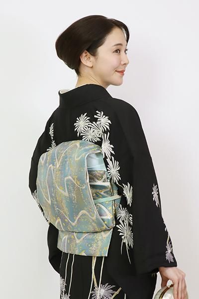 銀座【L-6441】たつむら製 袋帯 花浅葱色「瑠璃銀華錦」（落款入