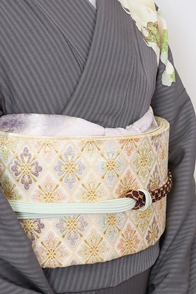 銀座【L-6445】西陣 河合美術織物製 袋帯 薄卵色 花菱文（落款入