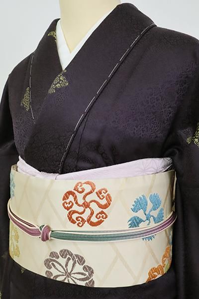 銀座【D-3187】（L）織着物 黒紅色 有職文 - 銀座きもの青木