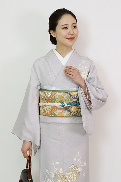 銀座【L-6484】西陣 川島織物製 本袋帯 松葉色 轡牡丹唐草文（落款入