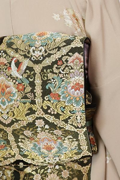 華麗 銀座【L-6489】西陣 服部織物製 蜀江華文（落款入 黒色 袋帯 着物・浴衣