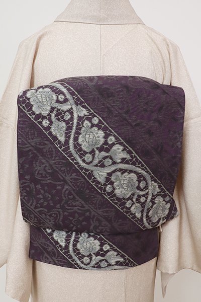 銀座【L-6539】洛風林製 袋帯 似せ紫色 斜め段に唐花文（落款入） 