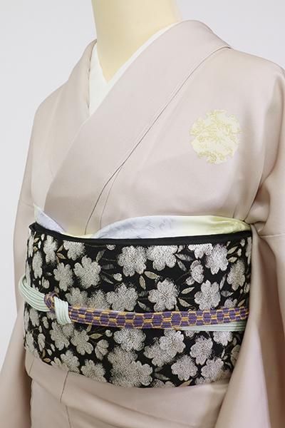 作家物 袋帯 正絹 八坂五重塔 お太鼓U-4515 作家物】袋帯 正絹 お太鼓柄 花枝柄 銀通し金彩 草野一騎 抹茶