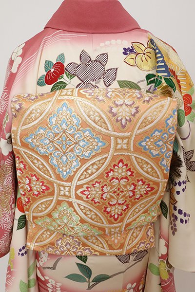 銀座【L-6607】西陣 川島織物製 本袋帯 深支子色 新宝想七宝文（落款入）