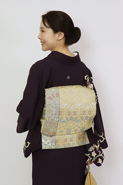 銀座【L-6603】西陣 川島織物製 本袋帯 木蘭色×薄花色 装飾華文（落款入）
