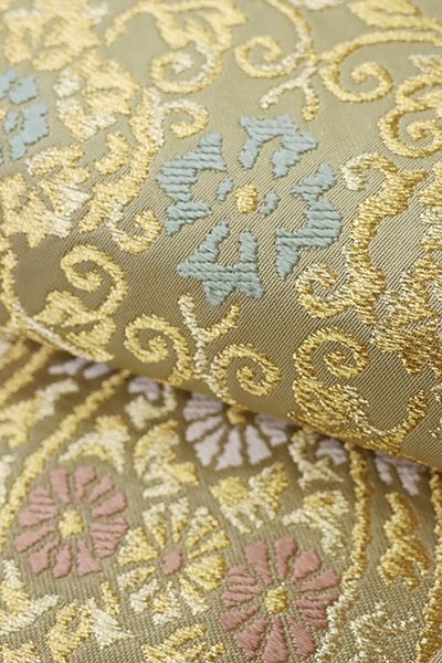 あおき【L-6603】西陣 川島織物製 本袋帯 木蘭色×薄花色 装飾華文