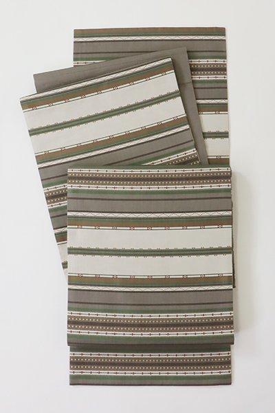 銀座【L-6613】西陣 今川織物製 「木屋太」洒落袋帯 絹鼠色 横段に幾何 