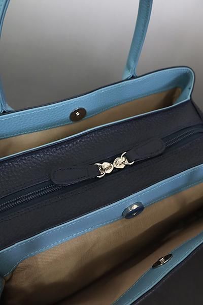 G-2369】京都衿秀製 牛革バッグ 濃藍色×薄縹色 無地 - 銀座きもの青木