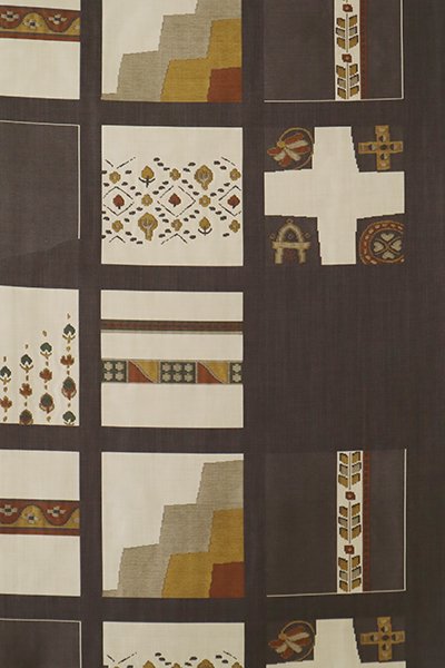 銀座【L-6638】西陣 今河織物製 「木屋太」洒落袋帯 黒橡色 石畳に装飾 