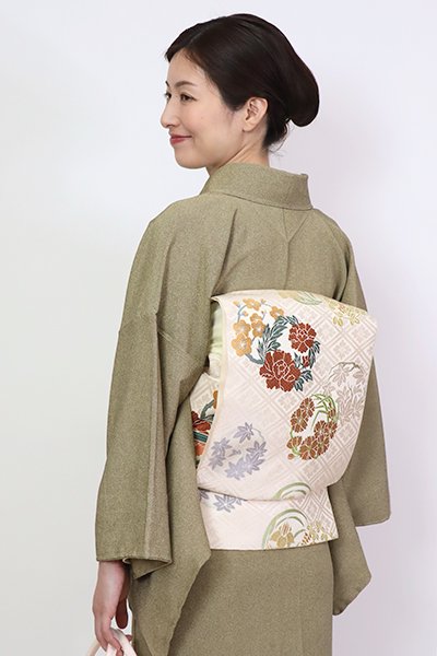 銀座【L-6565】西陣 川島織物製 本袋帯 象牙色 四季の花丸文（落款入）