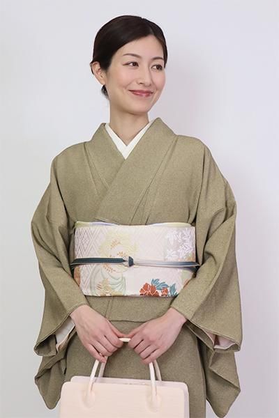 銀座【L-6565】西陣 川島織物製 本袋帯 象牙色 四季の花丸文