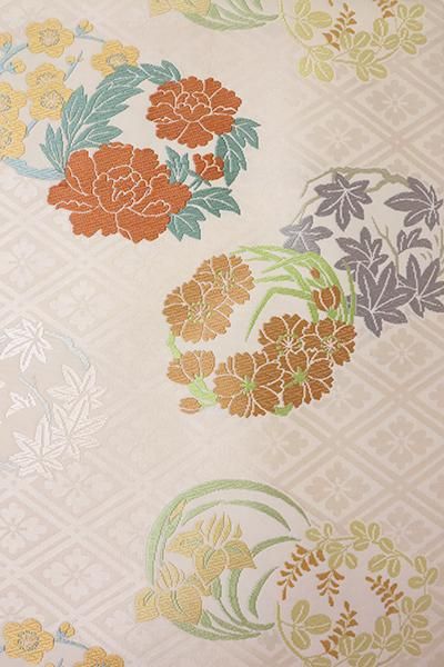 銀座【L-6565】西陣 川島織物製 本袋帯 象牙色 四季の花丸文
