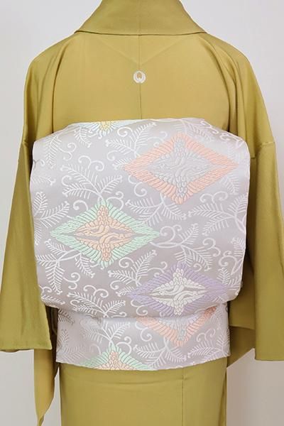 銀座【L-6563】袋帯 白梅鼠色 向かい鶴菱文（反端付） - 銀座