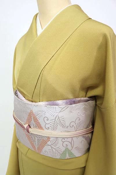 銀座【L-6563】袋帯 白梅鼠色 向かい鶴菱文（反端付） - 銀座