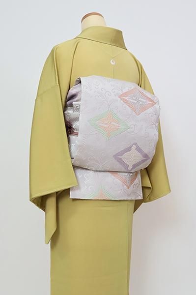 銀座【L-6563】袋帯 白梅鼠色 向かい鶴菱文（反端付） - 銀座