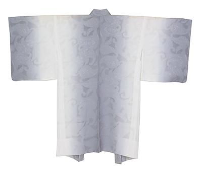 銀座【E-1734】紋紗 羽織 淡い青褐色×白色 竪暈かしにペイズリー