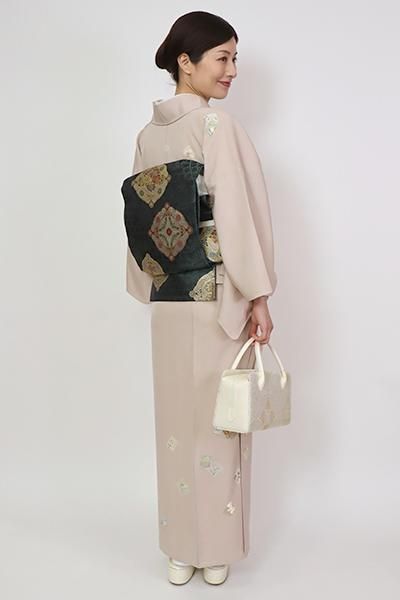 銀座【B-3367】単衣 染一ッ紋 付下げ 灰桜色 破れ色紙に四季花の 銀座【B-3367】単衣 染一ッ紋 付下げ 灰桜色 破れ色紙に四季花の