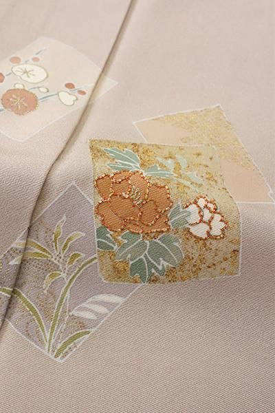 銀座【B-3367】単衣 染一ッ紋 付下げ 灰桜色 破れ色紙に四季花の 銀座【B-3367】単衣 染一ッ紋 付下げ 灰桜色 破れ色紙に四季花の