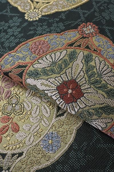 銀座【L-6644】夏袋帯 高麗納戸色 襷に有職花文 - 銀座きもの