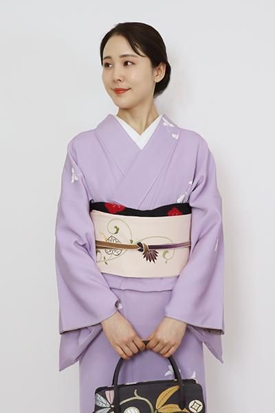 銀座【K-8754】塩瀬 染名古屋帯 灰梅色 葵や菊など - 銀座きもの