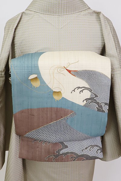 銀座【L-6699】京都しょうざん製 生紬地 洒落袋帯 練色 波に投網の図（紙札付）